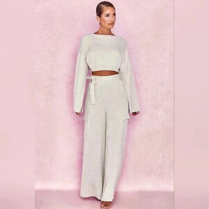 House of CB London MCKENZIE OATMEAL RIBBED KNIT WIDE LEG UTILITY TROUSERS